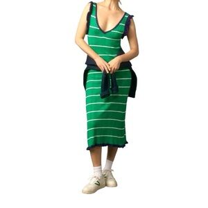 Anthropoligie NWT Daily Practice Green/Navy Striped Dress, Size Medium Petite